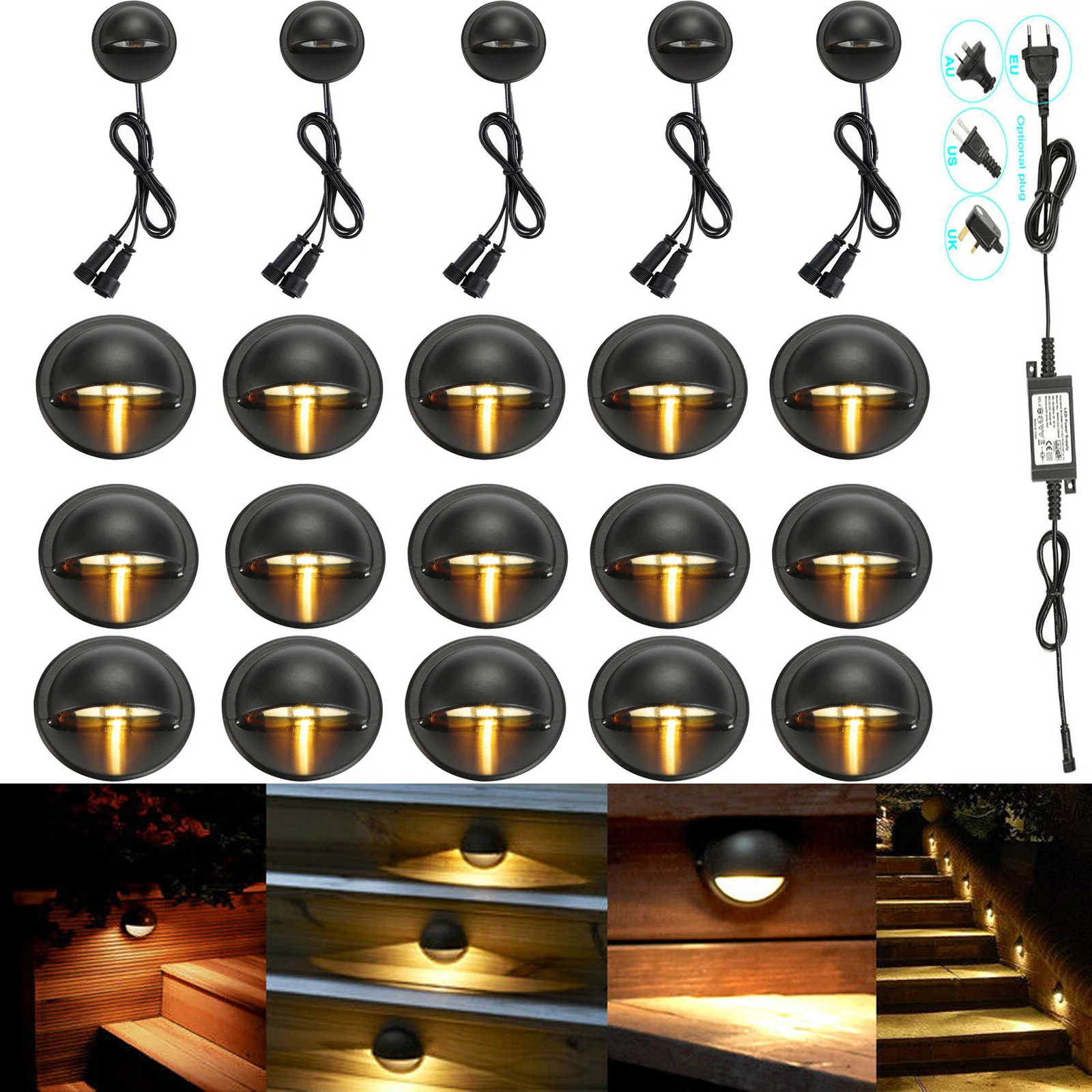 20Pcs Black Half Moon 35mm LED Deck Step Stair Fence Plinth Lights Low Voltage DC12V + 30W Transformer Outdoor Landscape Lightin