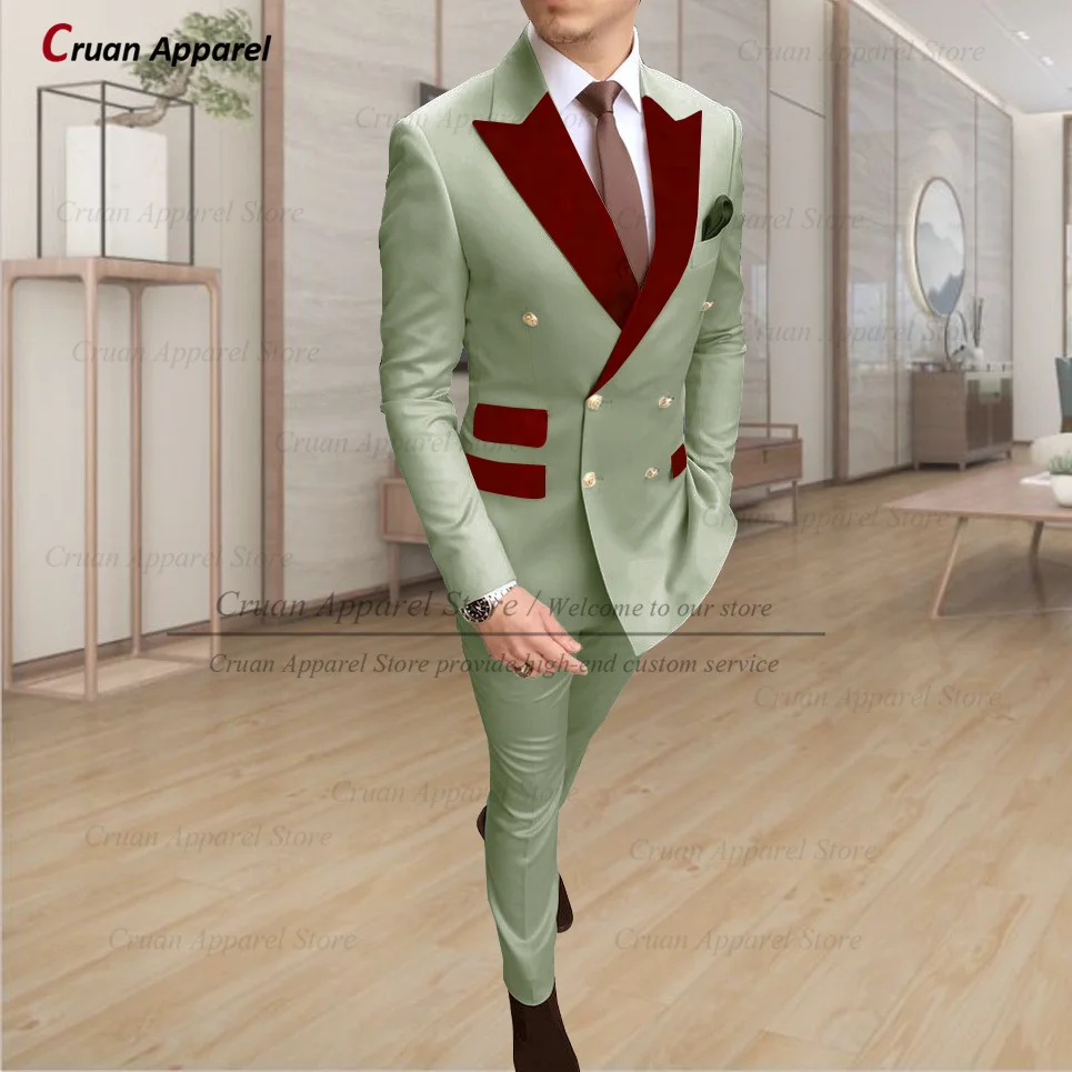 Latest Designs Beige Men Suits 2Pcs Slim Fit Formal Wedding Groomsmen Groom Tuxedo Wine Red Velvet Lapel Blazer With Pants Set