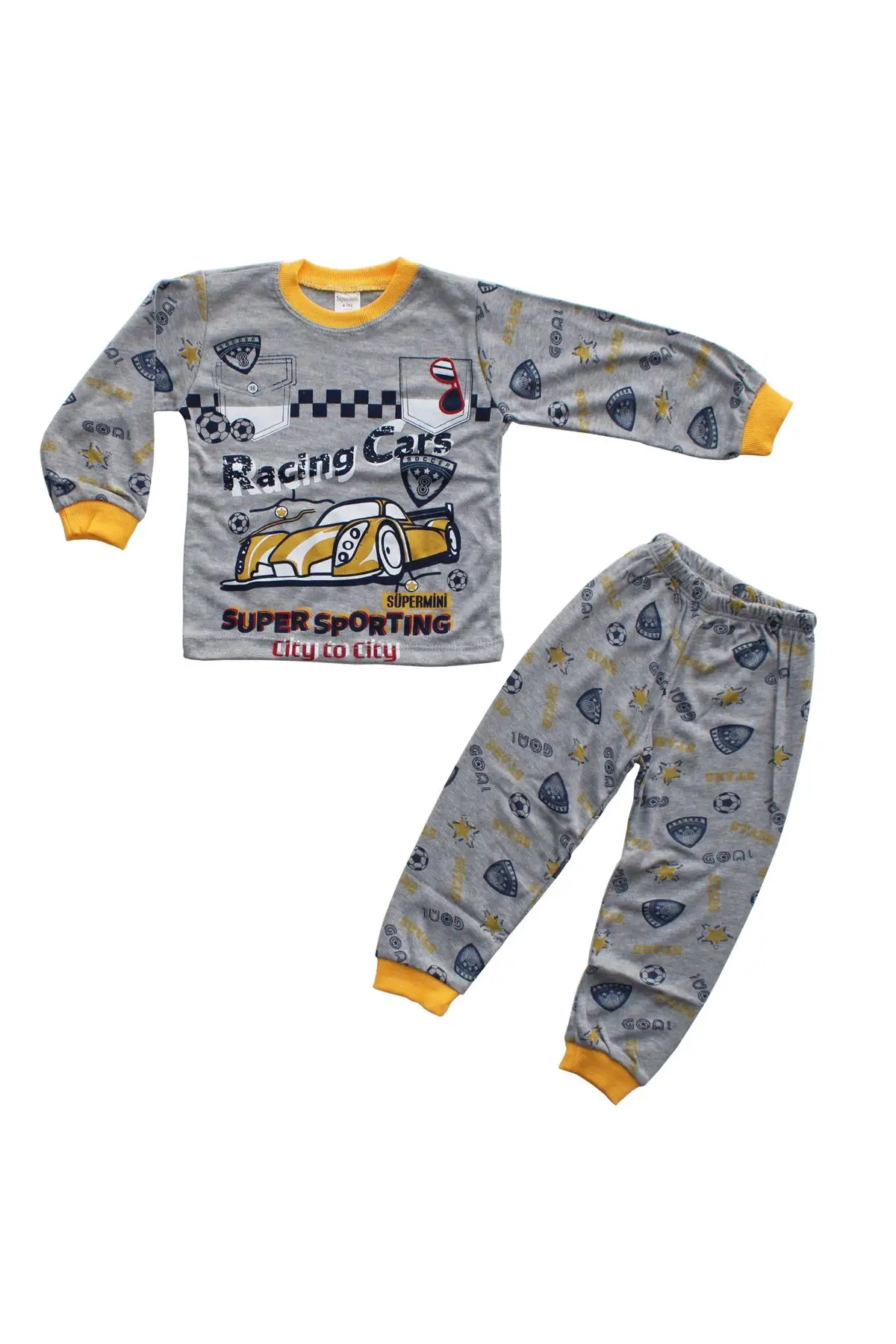 Racing Cars Printed Boy's Pajamas set-Yellow Gray