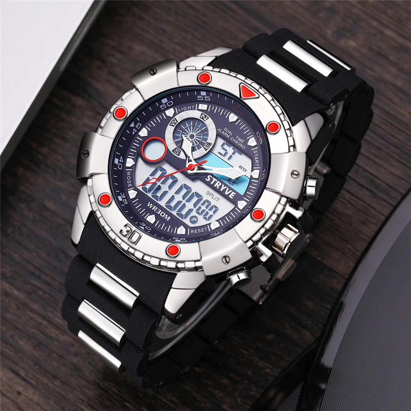 Men Fashion Wristwatches Luxury Hot STRYVE Brand Men\'s Plastic Strap Sports Dual Time Quartz Digital Watches With 30m Waterproof