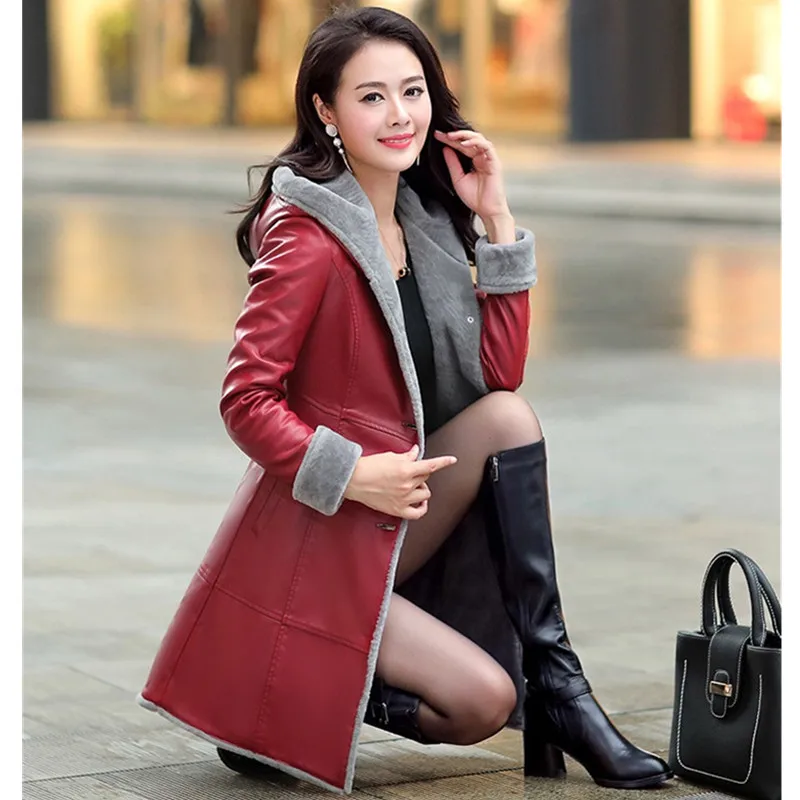 UHYTGF Leather Jacket for Coat Womens Winter leather jacket Women Hooded Fleece Coat Warm Long Leather Coat Female Outerwear 520