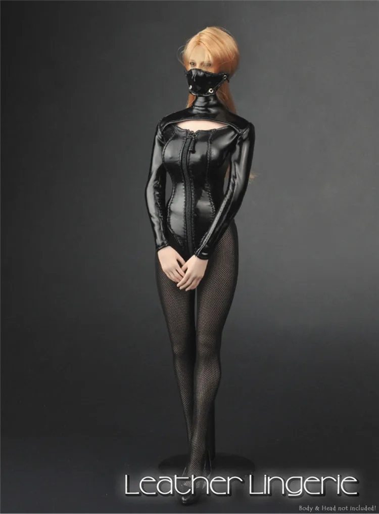 ZY5003 1/6 Female Leather Long Sleeve Lingerie Bodysuit Cloth with High Heel Shoes Pantyhose Model for 12'' Action Figure Body