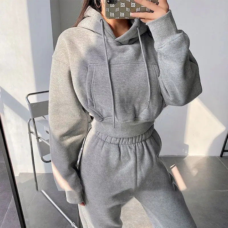 European American Treet Hooded Short Pocket Plus Fleece Hoodies Korean High Waist Loose Foot Trousers Two Piece Set Womens Set