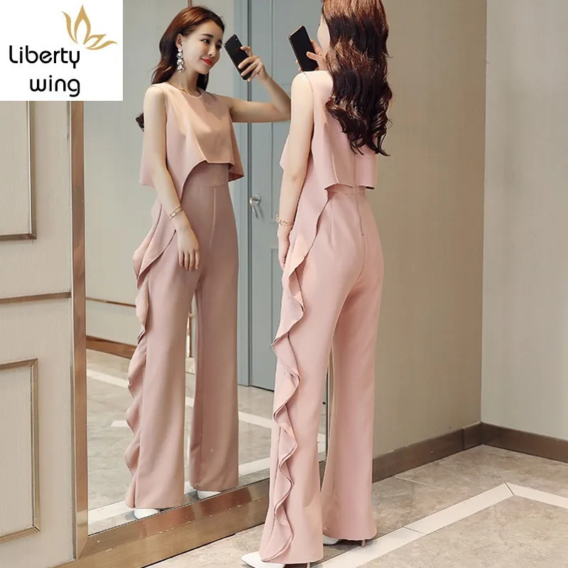 ฤดูร้อนใหม่แขนกุด Jumpsuits หญิงทำงานเอวสูงชีฟอง OL Rompers WOMENS PARTY กางเกงขากว้างผู้หญิง Jumpsuit สีดำ