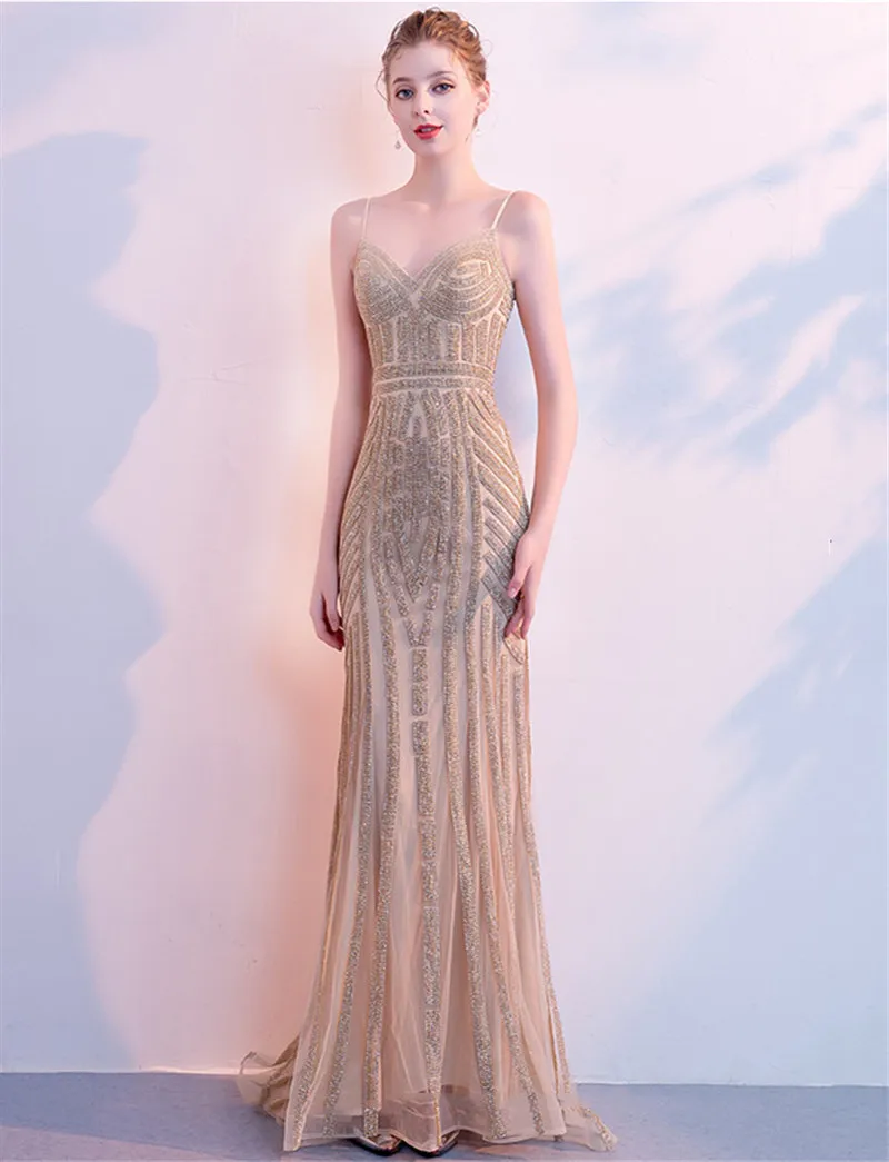 Gold Mermaid Evening Dresses สปาเก็ตตี้สายคล้องคอ V-Neck หรูหราเลื่อมความยาวแขนกุดอย่างเป็นทางการชุดพรหม Платья Зн...