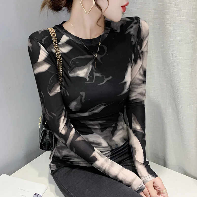 #8103 Long Sleeve T Shirt Women O Neck Tie Dyed Printed Women's T-Shirt Sexy Vintage Basic Mesh Top Slim Stretch Women T-shirt 