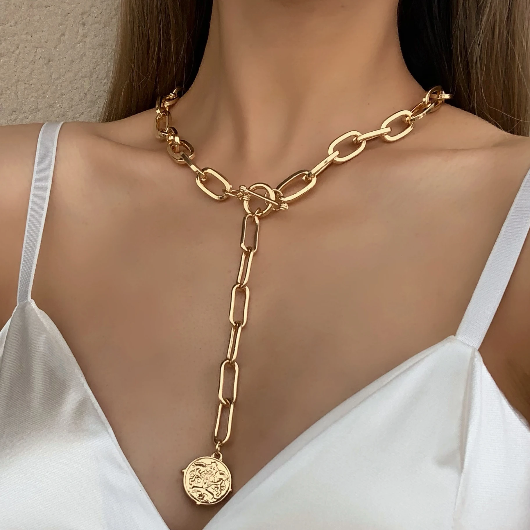 Flashbuy Vintage Gold Color Long Chain Geometric Portrait Coins Pendants Necklaces for Women Fashion Hot Jewelry