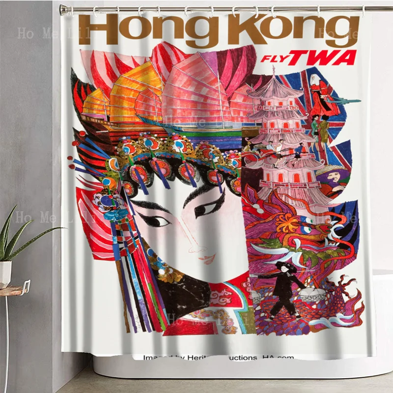 Vintage Hong Kong Travel Posters Shower Curtain Asia Retro Female Opera Image Chinese Airline Art Revolution Street British