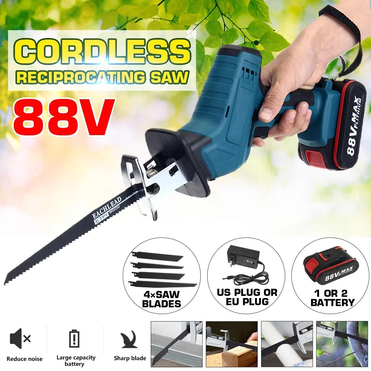 

88V Cordless Reciprocating Saw + 4 Saw Blades Metal Cutting Wood Tool Portable Woodworking Cutters with 1/2 Batterys Charge