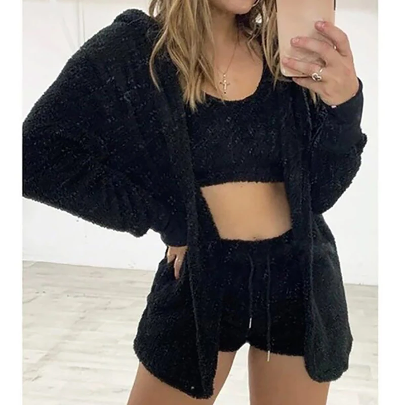 Women Three Piece Sexy Fluffy Outfits Plush Velvet Hooded Cardigan Coat Shorts Crop To Tracksuit Sets Casual Sports Sweatshirt