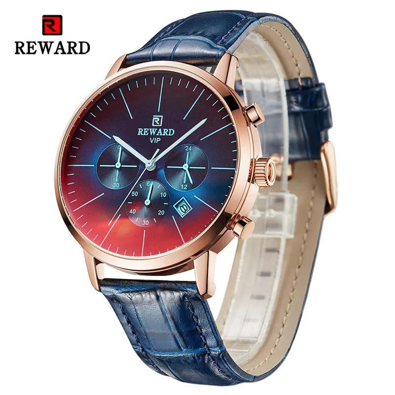 REWARD Men\'s Watch Modern Chronograph Sport 24 Hour Watch Iridescent Crystal Color Bright  Glass Waterproof Wrist Watches