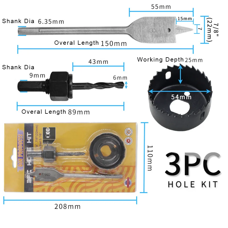 UCHEER 3pcs set M42 bimetal hole opener set Carpenter's flat drill bits woodworking tools for taking holes