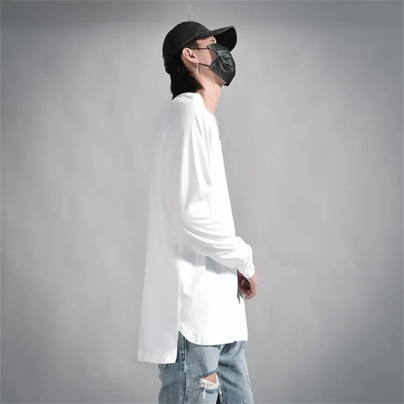 Men's new loose European and American street hip-hop arc hem long sleeves urban youth fashion large base shirt