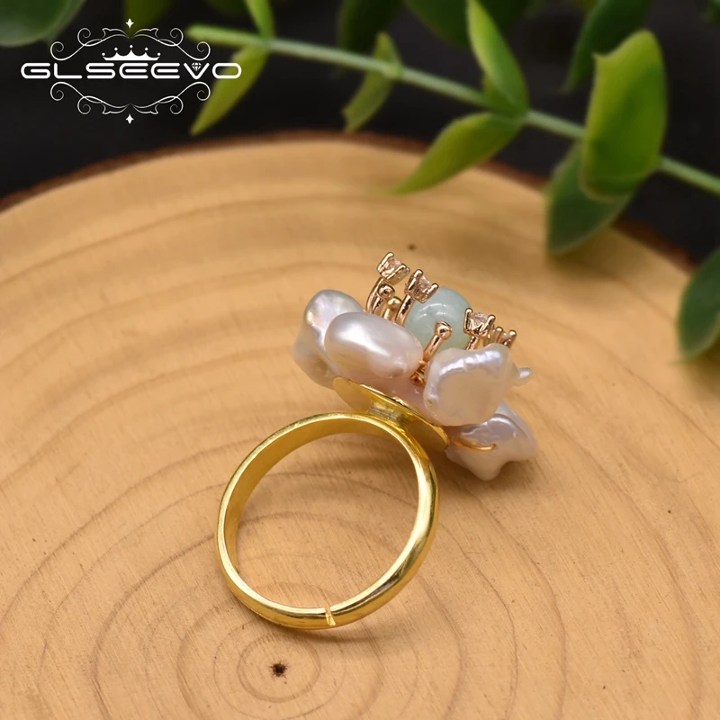 GLSEEVO Natural Baroque Pearl Rings For Women Wedding Engagement 925 Silver Flower Ring Luxury Handmade Fine Jewellery GR0266A