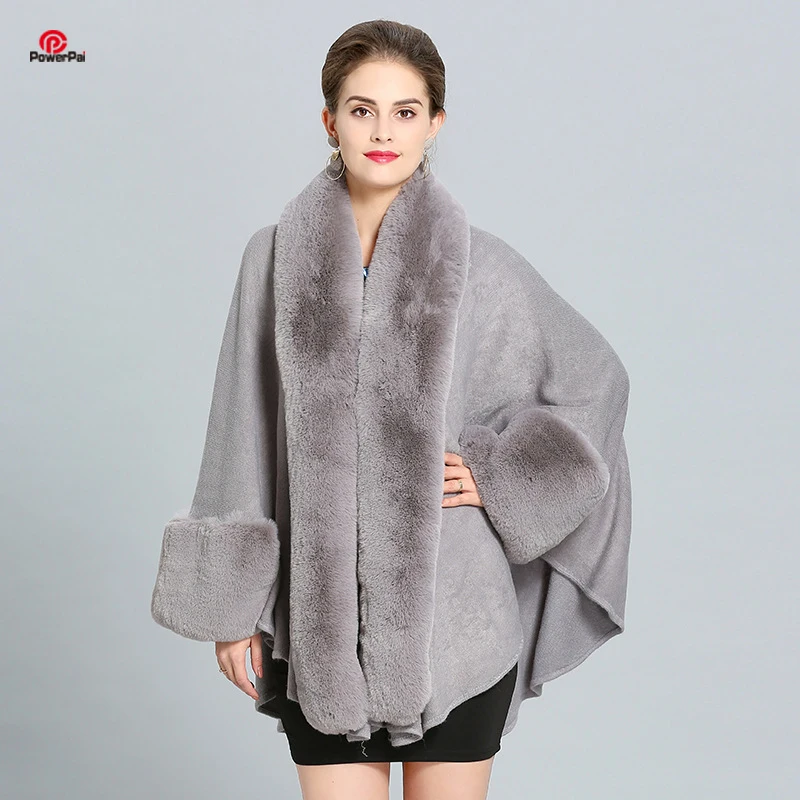 Wide Good Faux Rex Rabbit Fur Collar Coat Cape Fashion Loose Bat Sleeve Soft Knit Overcoat Women Winter Party Dress Cloak