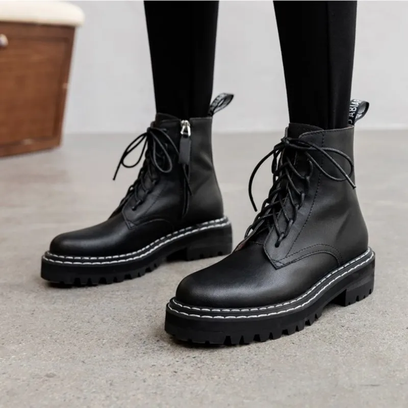 Up British High-Top Ankle Lace Women Luxury 100% Real Leather Vintage Platform Black Motorcycle Boots Zapatos De Mujer