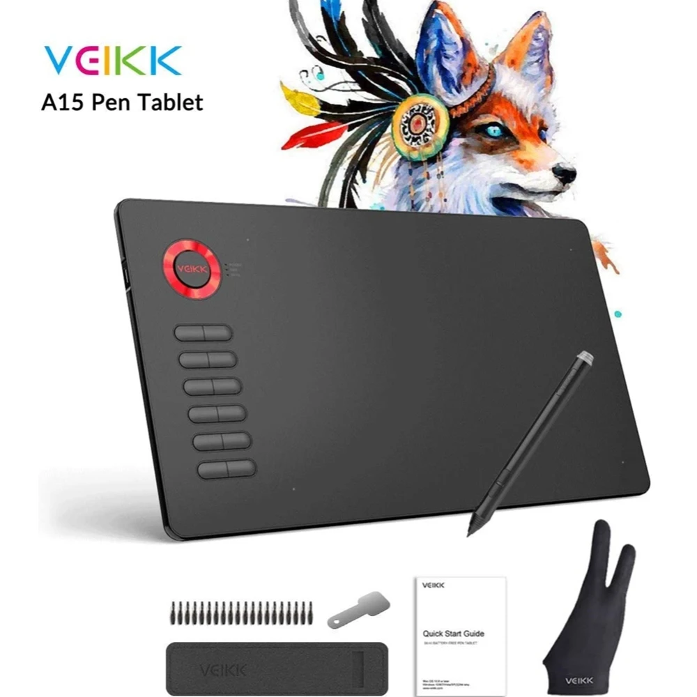 Electromagnetic Digitizer Drawing Tablet VEIKK A15 10x6 inch Graphic Pen Tablet with Battery-Free Stylus and 12 Shortcut Keys