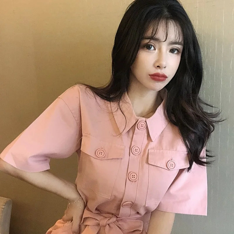 

Cargo Pink Rompers Women Casual Loose Solid Lapel Short Sleeve Jumpsuit Button Pocket Lace Up Wide Leg Playsuits Female Overalls