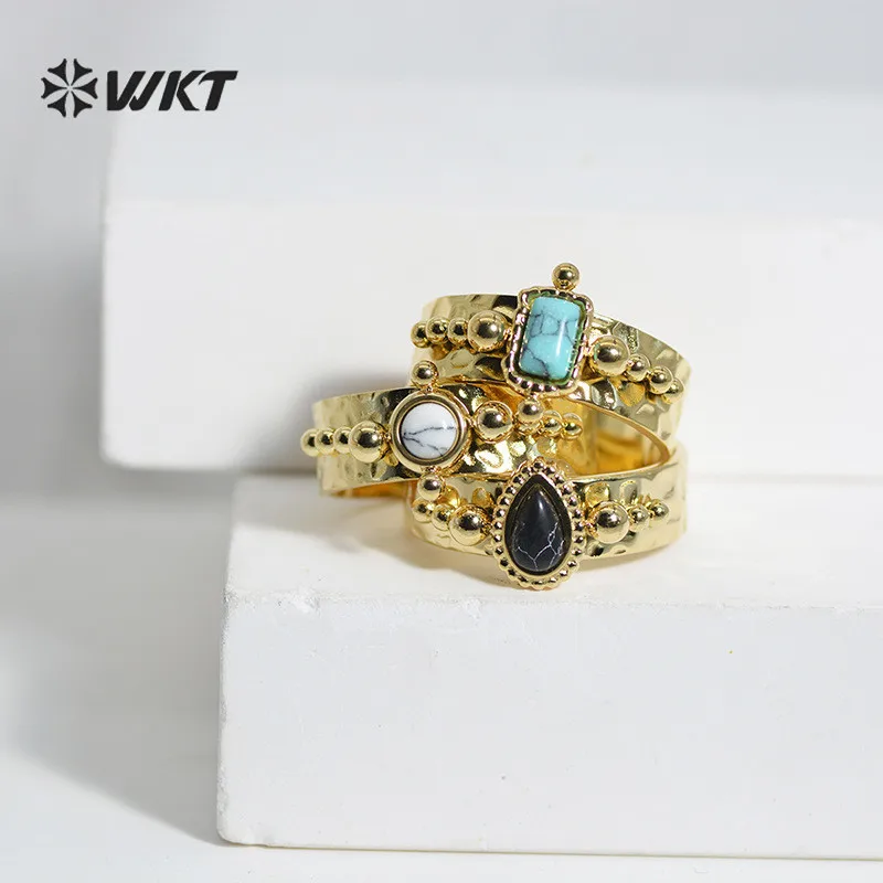 WT-R379 Powerful Women Natural Stone Open Ring Turquoises Howlites Stone Gold Plated Stainless Steel Adjustable Ring Jewelry