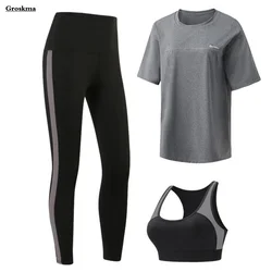 New Women Yoga 3 Pieces Tracksuits Loose T Shirt+Bra+Leggings Outdoor Sports Running Quick Dry Breathable Plus Size Sports Sets