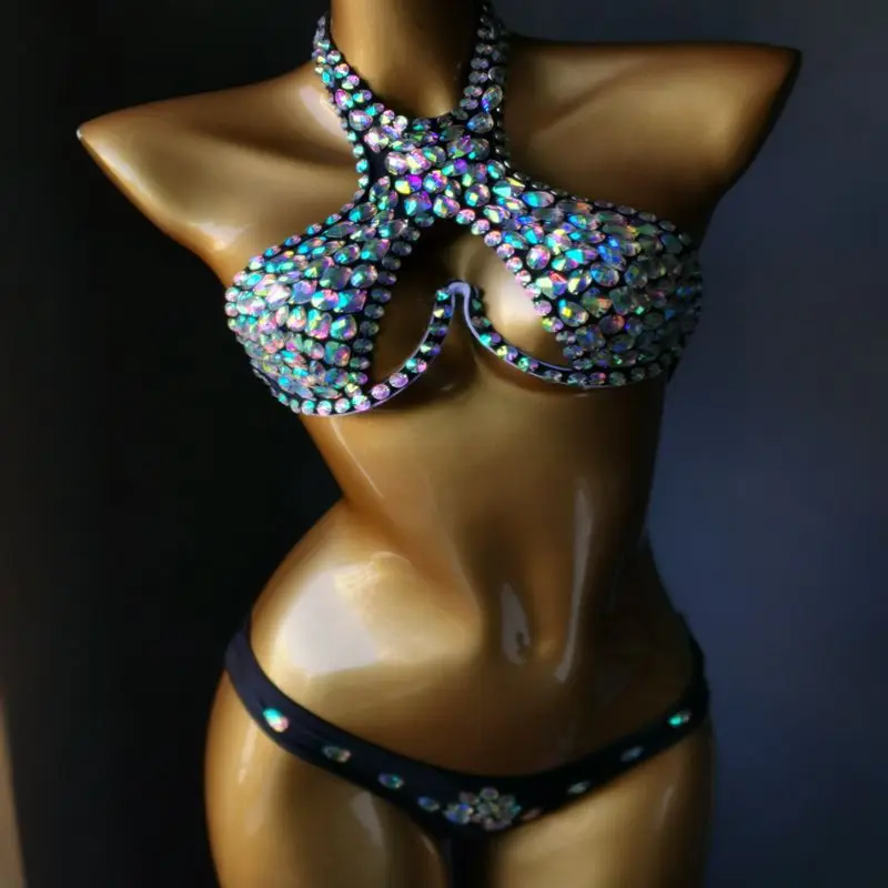 3 Color Luxury Bikini Set Women Bling Diamante Carnival Bra Crop Top Crystal Panties Rave Festival Burning Man Outfit Club Wear