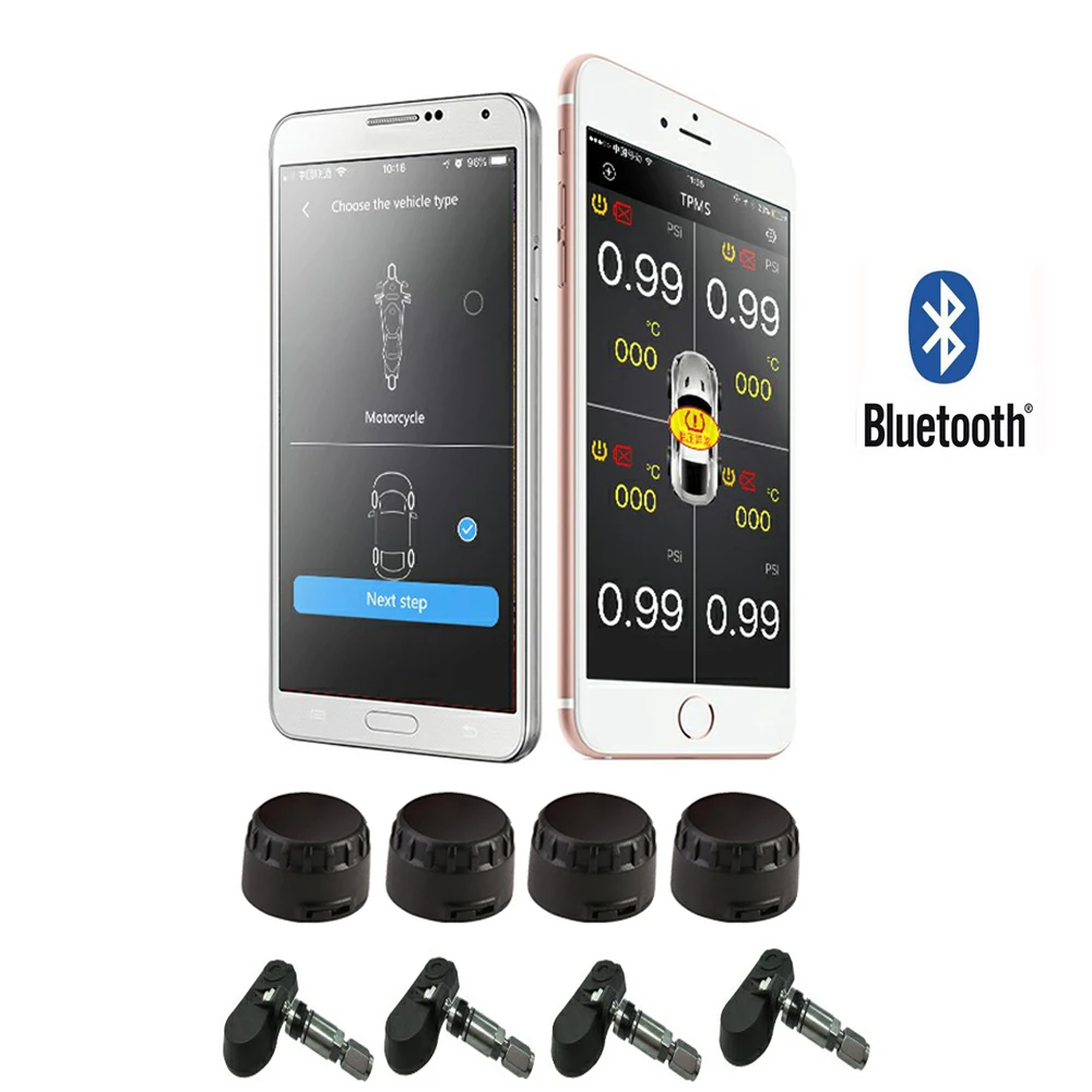 

Wireless Bluetooth 4.0 4pcs TPMS Sensor Tire Pressure Monitor System For Mobile Phone APP Display Low Energy Alarm In/External