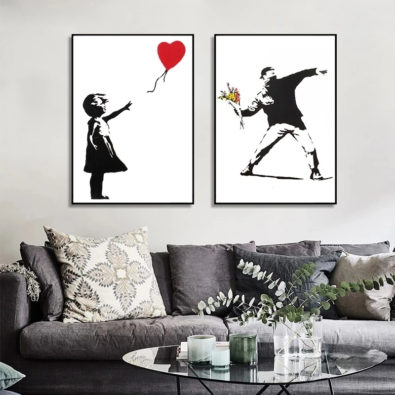 

Girl with Red Balloon Banksy Graffiti Art Canvas Painting Black and White Wall Art Poster for Living Room Home Decor Cuadros