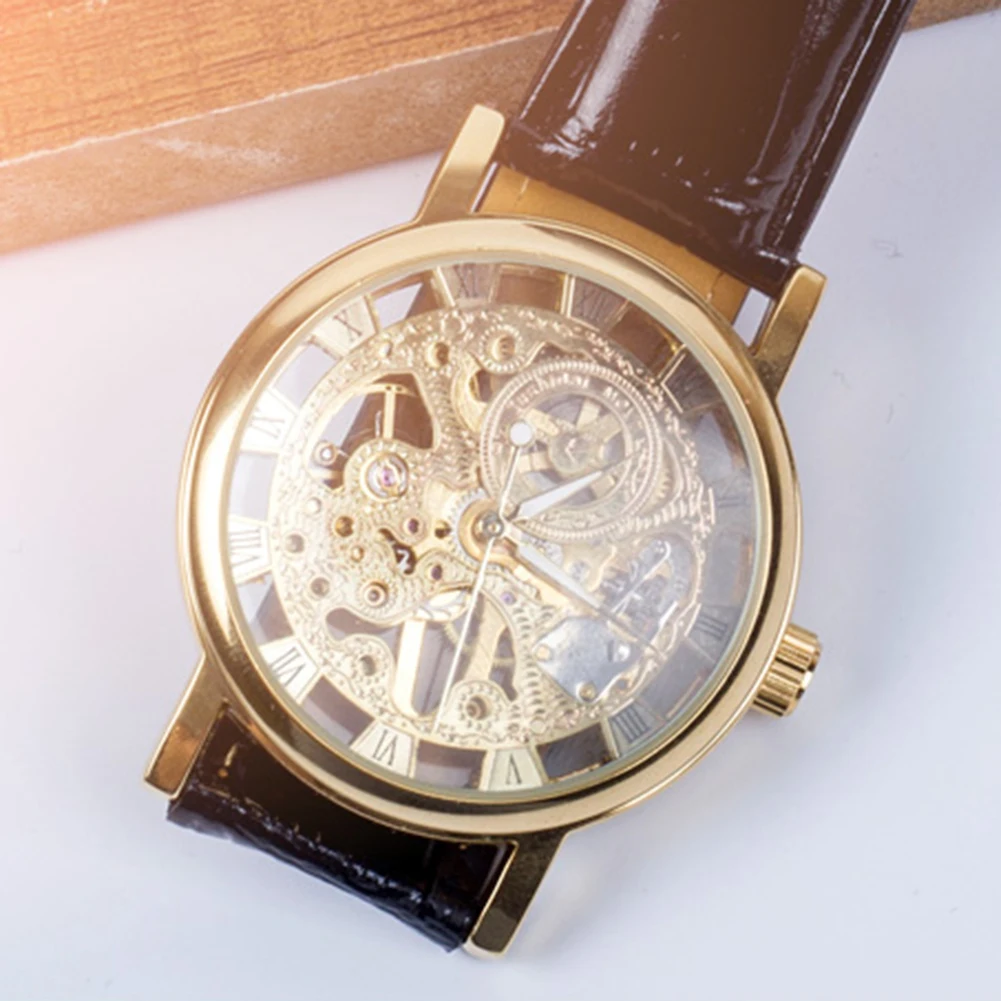 HOT SALE Men Fashion Luxury Hollow Skeleton Round Dial Faux Leather Strap Wrist Watch fashion men sports watches cool wristwatch