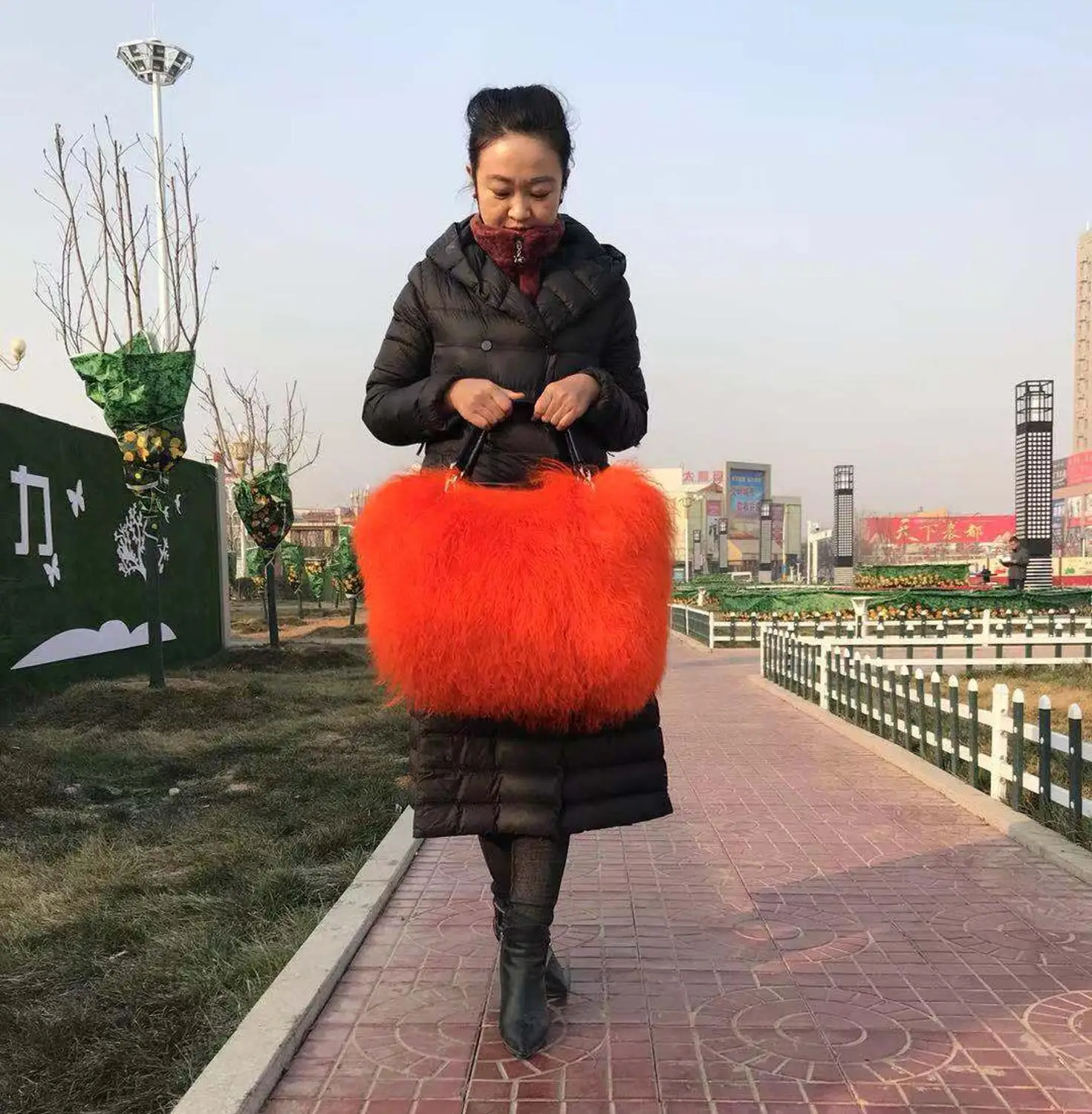 Women style tibetan sheep fur handbag real Mongolian fur shoulder bags for women