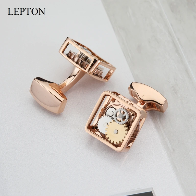 أزرار أكمام Steampunk Gear للرجال Lepton مربع لون ذهبي وردي آلية ساعة التروس أزرار أكمام قميص رجالي أزرار أكمام أفضل هدية