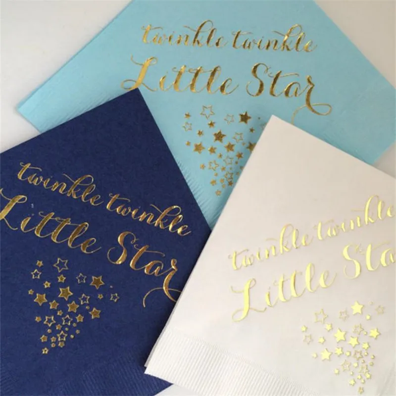 Personalized Napkins Baby Shower Little Star White, Navy or Light Blue w/ Gold Foil Cocktail Beverage Christenin First Communion