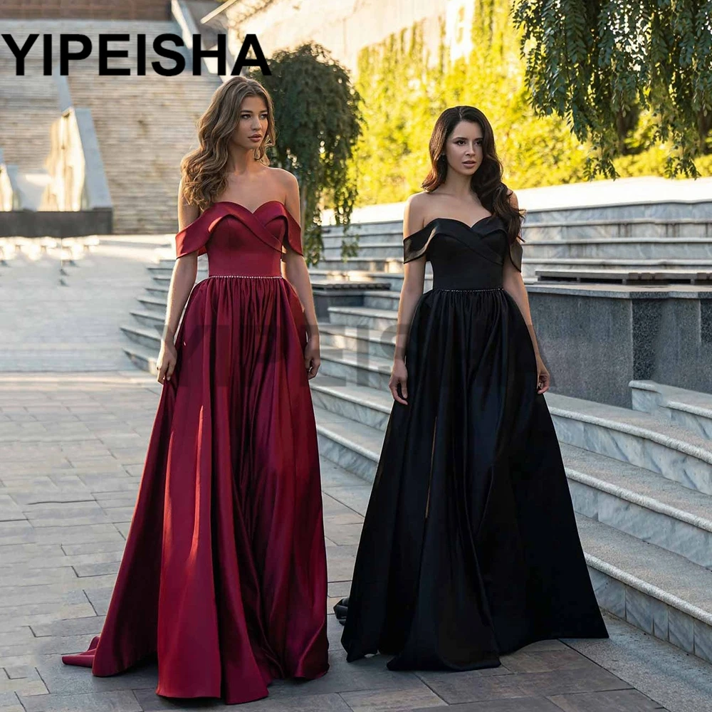 Sweetheart Off The Shoulder A-Line Evening Dresses Court Train Simple Beading Prom Party Gown vestidos  fiesta robes  soirée