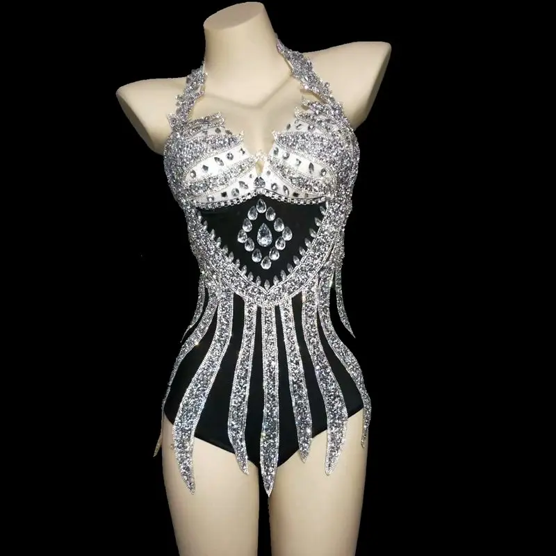 Sparkly Silver Crystals Bodysuit Sexy Skinny Leotard Tassel Gloves Female Bar Dance Stage Party Dance Costume Celebrate Dress