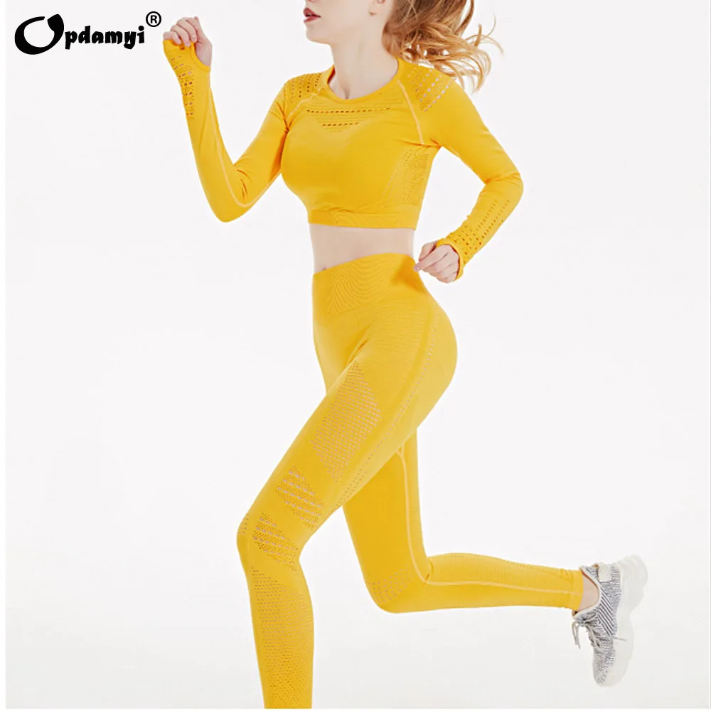 Vital Women Yoga Set Gym Workout Clothes Fitness Crop Top Long Sleeve And Pants High Waist Energy Seamless Sports Leggings Set