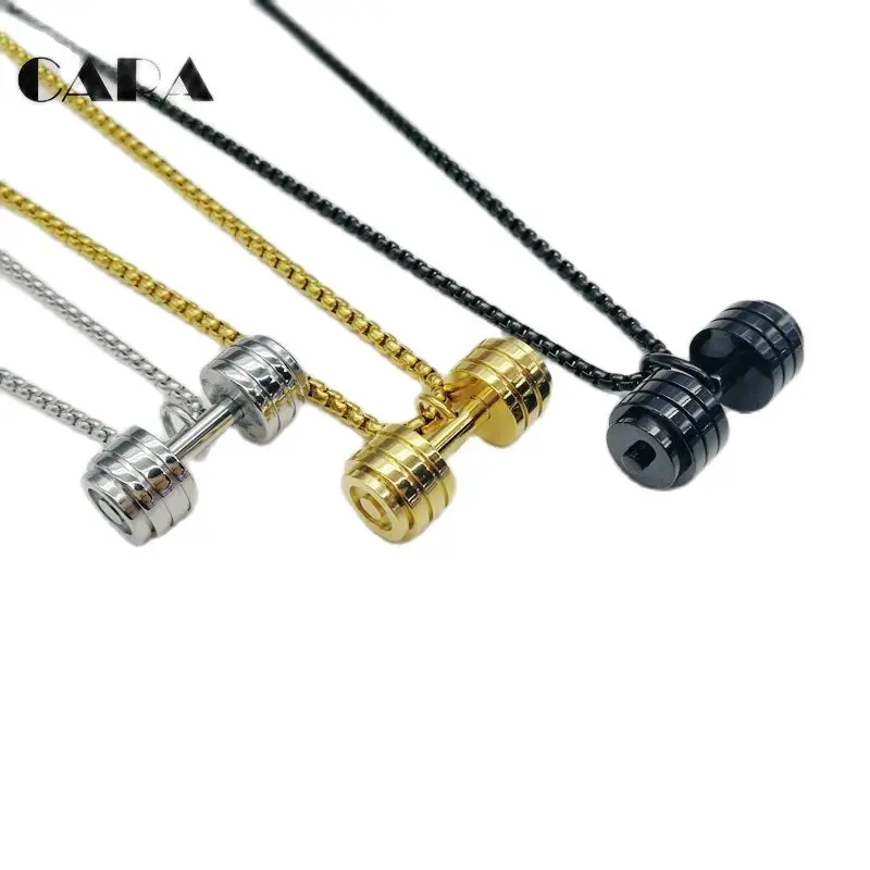 

men fitness dumbell charm necklace gold color 70cm chain 316L stainless steel hip hop necklace jewelry pendant CAGF0221