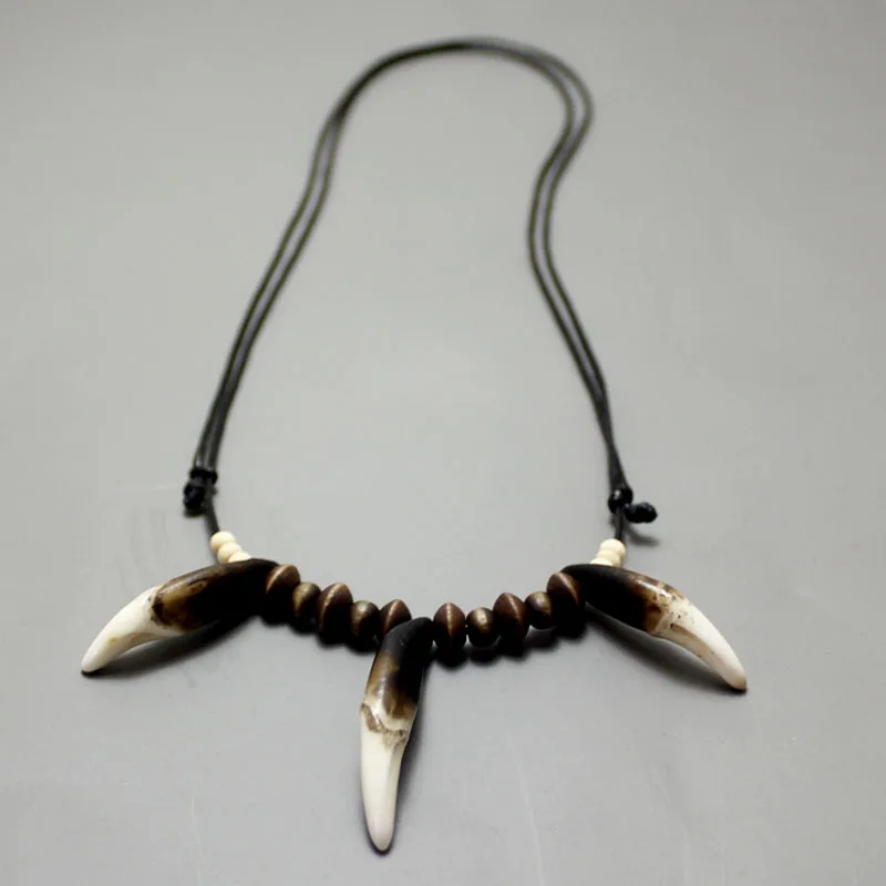 Tribal Natural Fangs Wolf Tooth Pendant Genuine Leather Chain Beaded Surfer Necklace Choker Amulet Gift