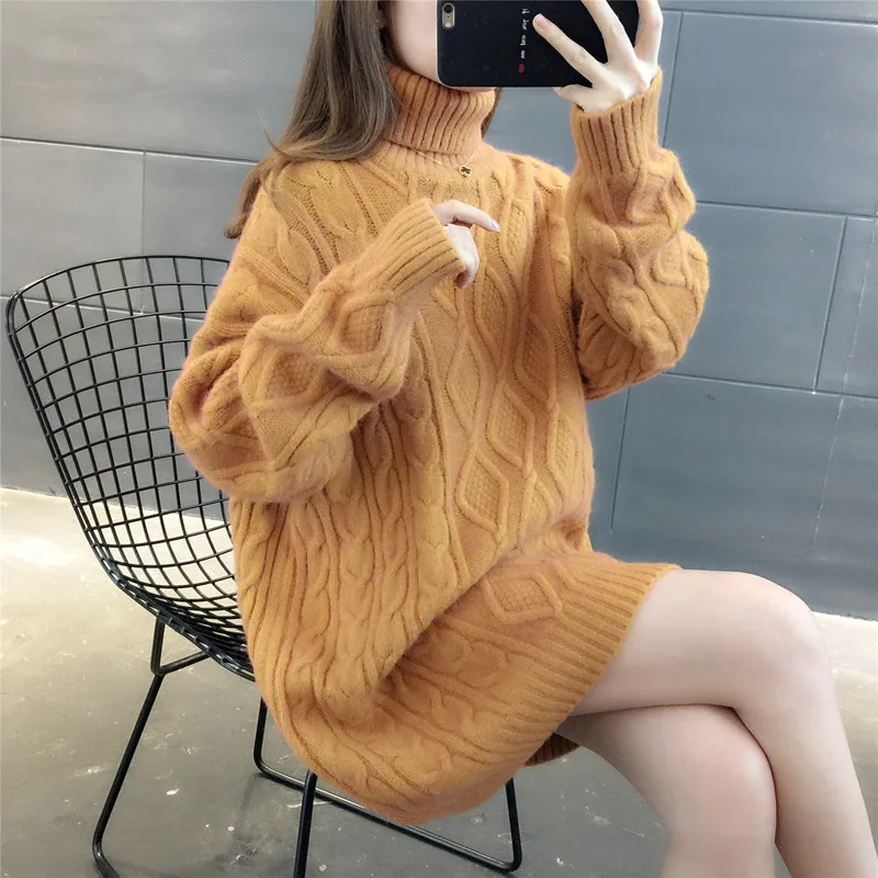 Turtleneck Loose Lazy Wind Long Sweater Women Long Sleeve Striped Jacquard Straight Knitted Sweater Women Female Spring Autumn