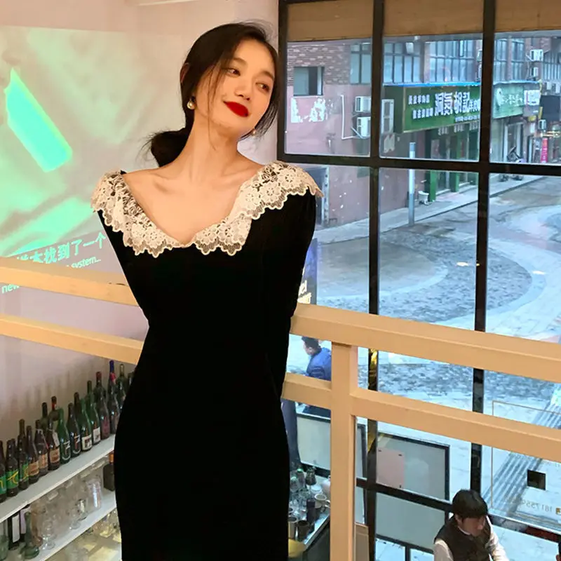Long Sleeve Dress Women Lace Side Split Design Velvet All Match Vintage Classic Fashion Korean Elegant Ladies Party Vestidos Ins