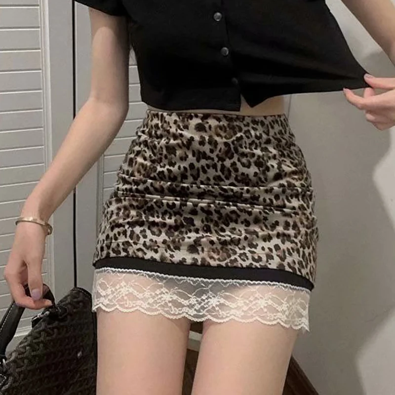 

Women Vintage Leopard Print Patchwork Lace Edge Summer Mini Skirts Sweet Lady High Waist Skirt Sexy Girl 2023 Short Skirts Chic