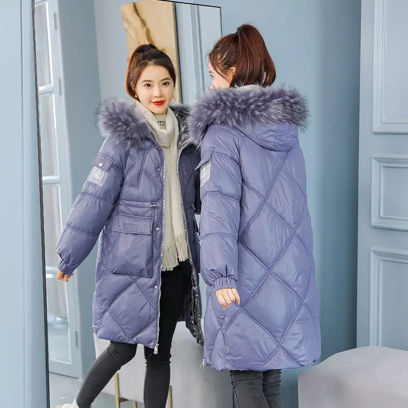 Winter Glossy Purple Jacket Women\'s Collection Warm Design and Color Mid-length Large Fur Collar Winter Gives Charm and Elegance