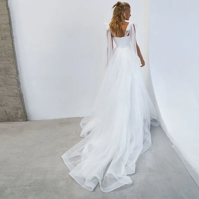 화이트 Tulle 웨딩 드레스 Boho Bow 스파게티 스트랩 a 라인 비치 신부 파티 가운 Robe De Mariage