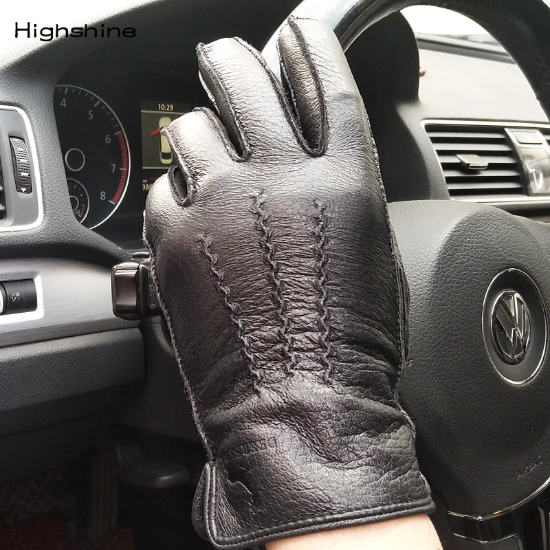 HighShine-guantes de vestir de cuero de piel de ciervo forrado de Cachemira para hombre, guantes cálidos de lana para conducir con pantalla táctil,