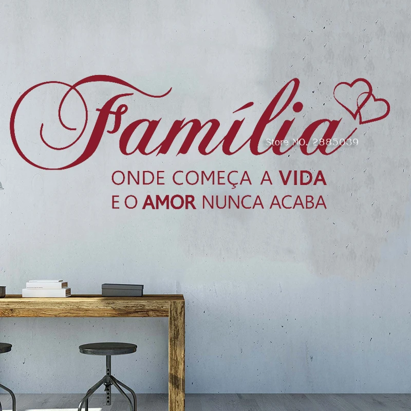 Portuguese Saying Words Decals"family where life begins and love never ends" Vinyl Lettering Wall Sticker For Home Decor LC1529 image 4