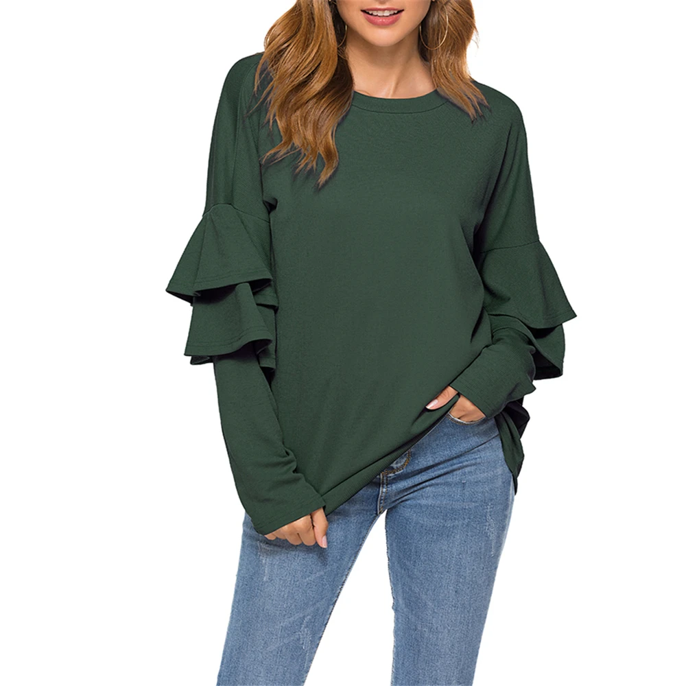 

2020 New Green Casual Patchwork Women Tops And Blouses Spring Solid O-Neck Ruffles Long Sleeve Women Blouse With 3 Colors 1208