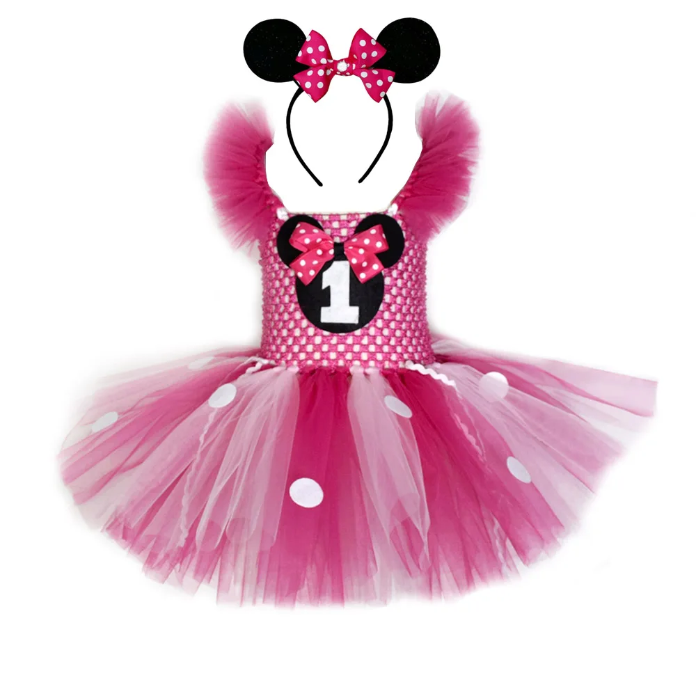 Minnie Tutu Dress and Mouse Ears Headband Set Hot Pink Mouse Birthday Tutu Dresses Minnie Tutu Costume for Girls 1-12Y