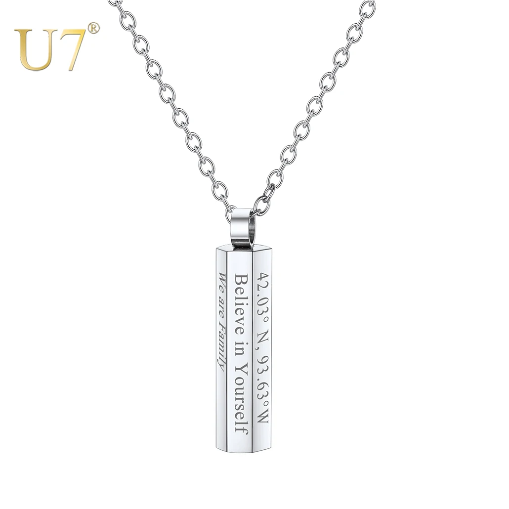 U7 Custom Engraving Bar Cylinder Necklace Stainless Steel Cube Bar Pendant Custom Name Date Personalized Jewelry