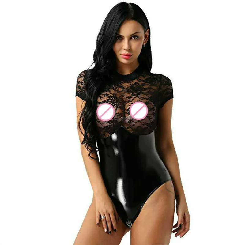 Glossy Faux Leather Women Sex Catsuit Sexy Lingerie Transparent Female Bodysuit Hot Erotic Underwear Ladies See Through Leotard