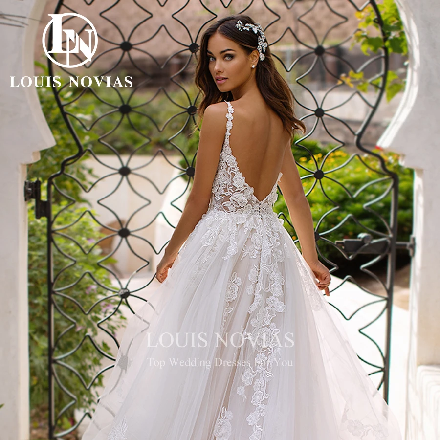 LOUIS NOVIAS Beach Wedding Dresses For Women Backless Bridal Beaded Appliques Spaghetti Straps V-Neck A-Line Vestidos De Novia