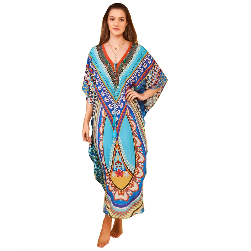 's Kaftan Beach Tunic Cotton Beach Cover up Saida de Praia Swimsuit Women Bikini Cover up Pareo Sarong Beachwear # Q956