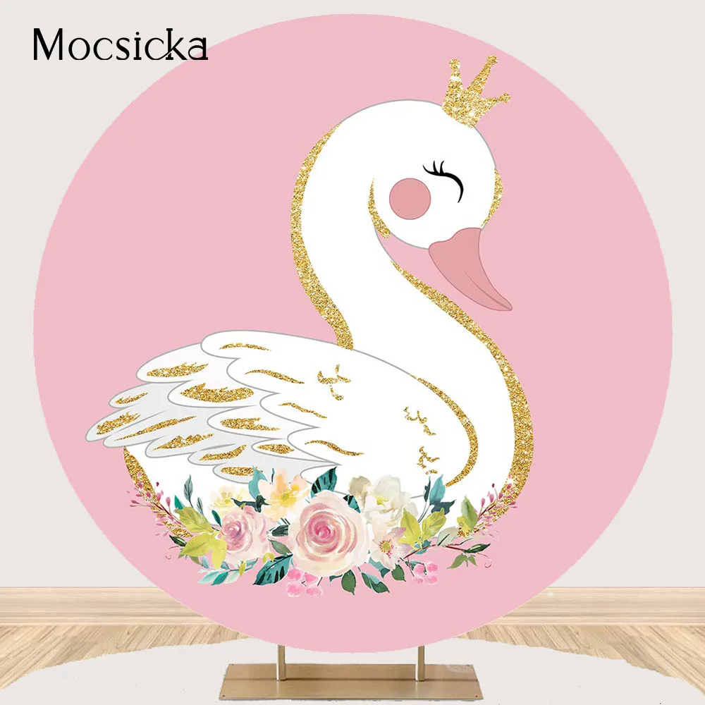 Swan Birthday Backdrop Pink Girl Newborn Kids Round Circle Background Elastic Polyester Chilren Baby Shower Party Decorations